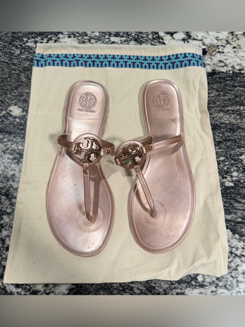 Tory Burch Metallic Rose Gold Logo Jelly Thong Sandals
